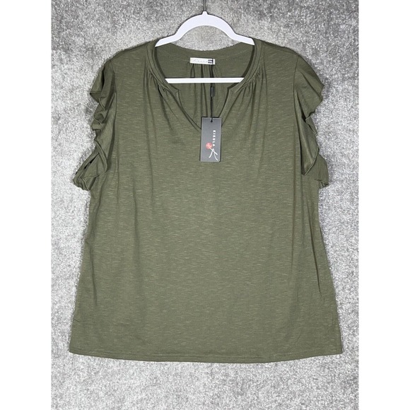 Kikula Ruffle Sleeve V-Neck Stretch‎ Top Womens Size XXL Green NWT - Picture 1 of 7